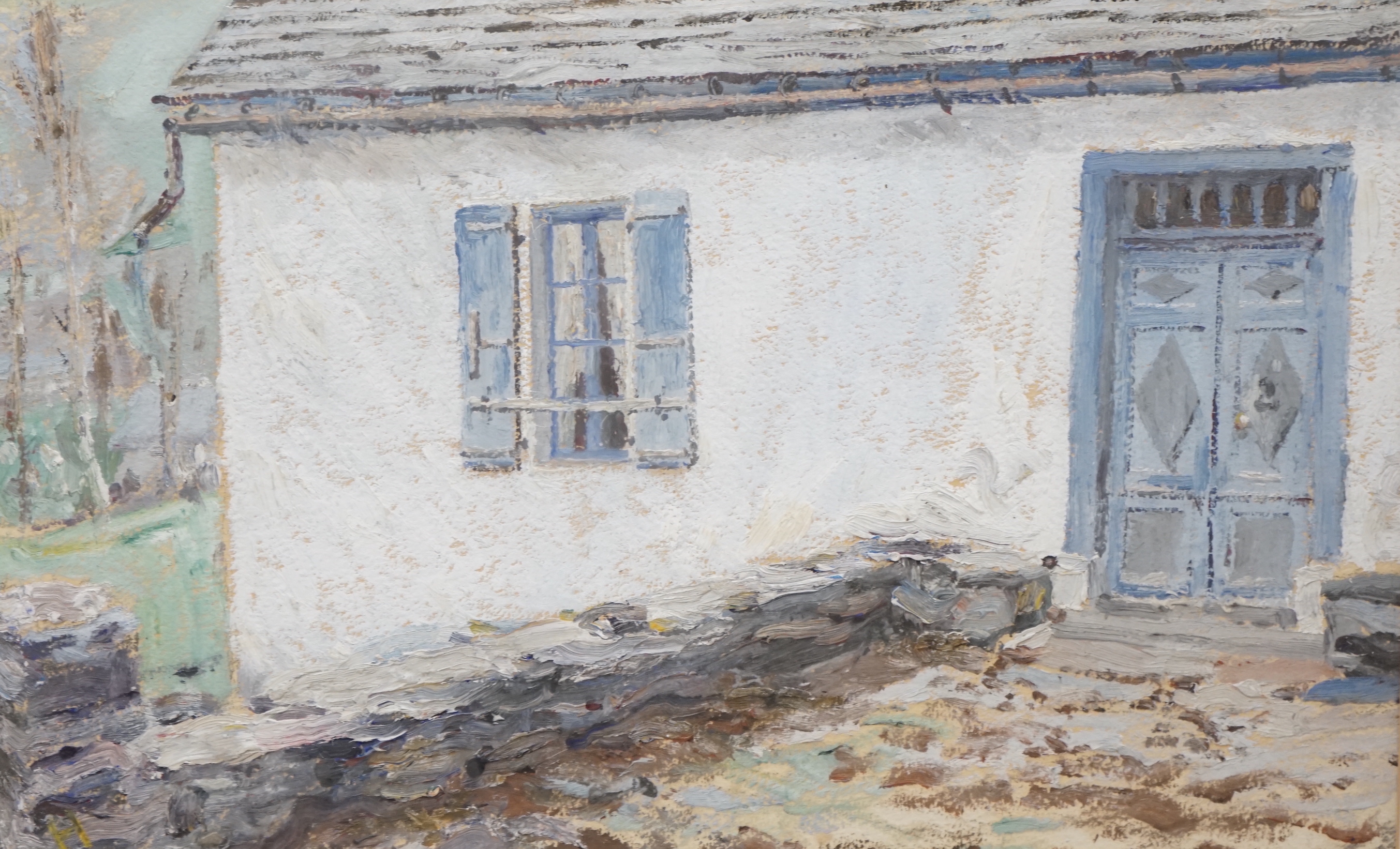 Early 20th century British School, Study of a cottage exterior, framed and glazed, initialled 'H' lower left, 26 x 43cm